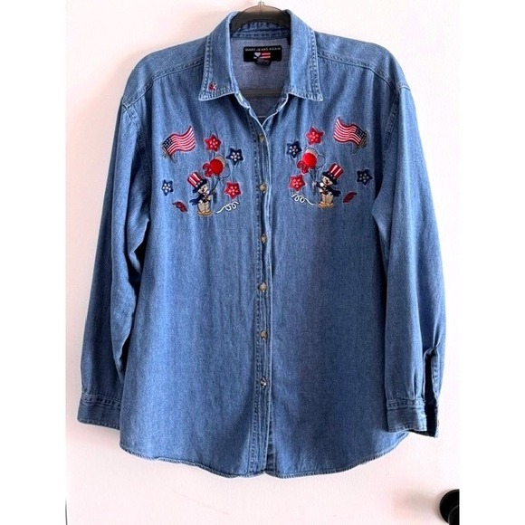 Quizz Jeans Again Tops - Vintage Patriotic Denim Shirt Medium Embroidered Uncle Sam Bear Fourth of July